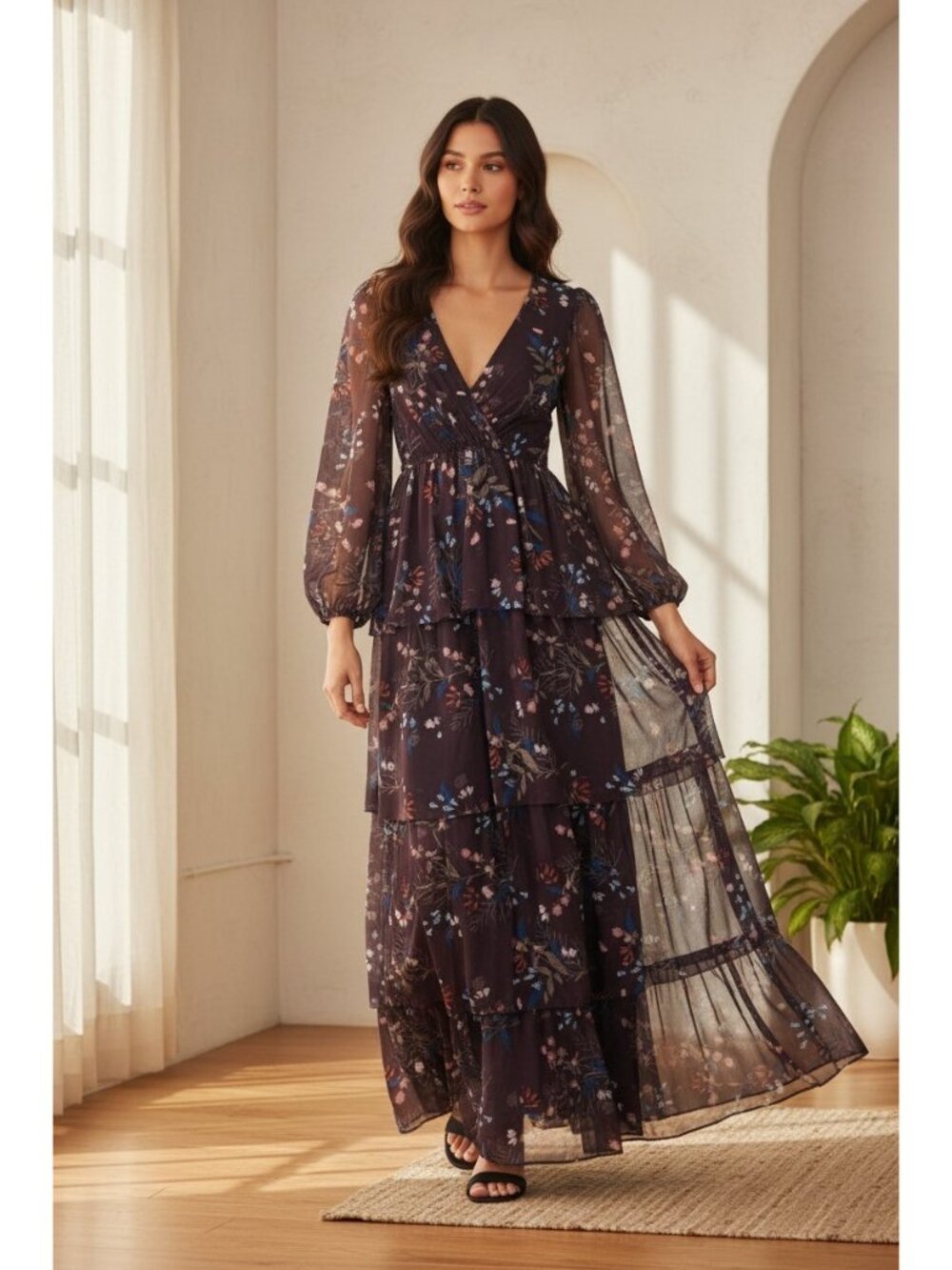 IEENA for Mac Duggal Floral Maxi Dress Womens Sz 4 Black Boho Tiered Prairie Fae